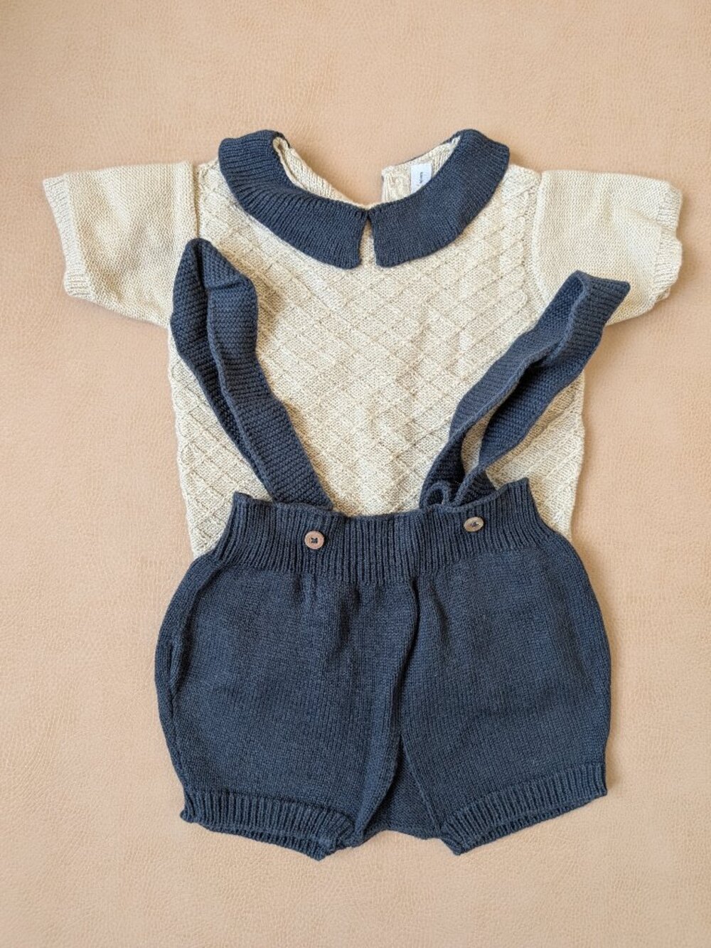 Fin & Vince Knit Sweater & Short Overalls Set, Navy & Cream
